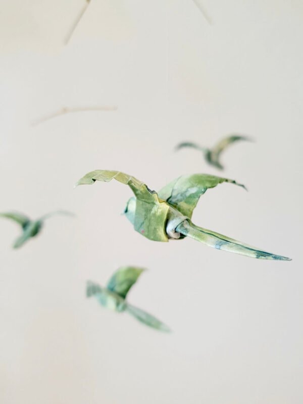 A hanging mobile with origami birds